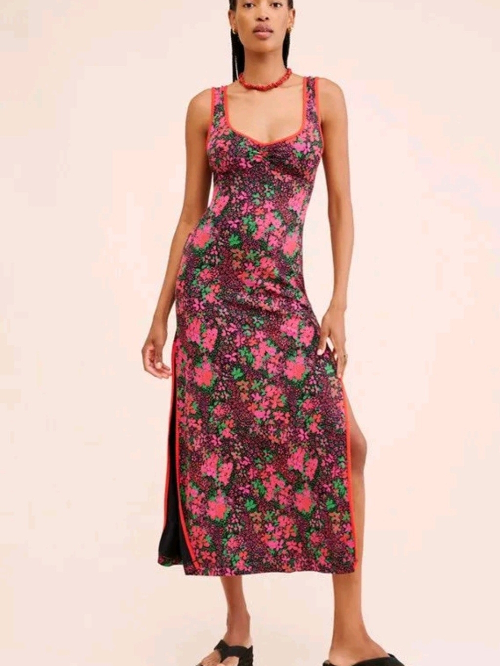 Free People Floral Scoop Midi Dress in Pink, Green and Black